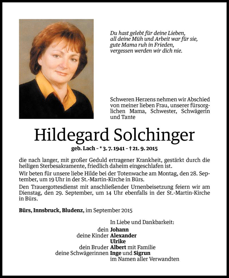  Todesanzeige für Hildegard Solchinger vom 26.09.2015 aus Vorarlberger Nachrichten