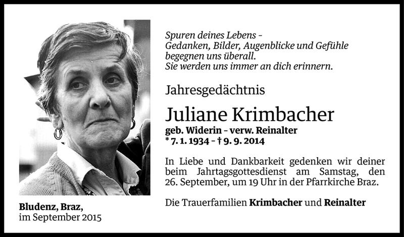  Todesanzeige für Juliane Krimbacher vom 24.09.2015 aus Vorarlberger Nachrichten