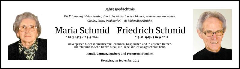  Todesanzeige für Maria Schmid vom 25.09.2015 aus Vorarlberger Nachrichten