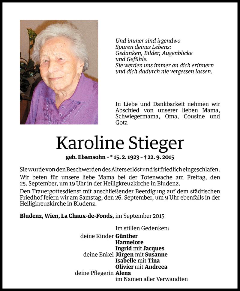  Todesanzeige für Karoline Stieger vom 24.09.2015 aus Vorarlberger Nachrichten