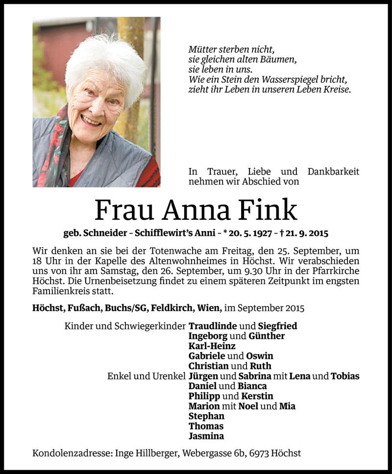  Todesanzeige für Anna Fink vom 23.09.2015 aus Vorarlberger Nachrichten