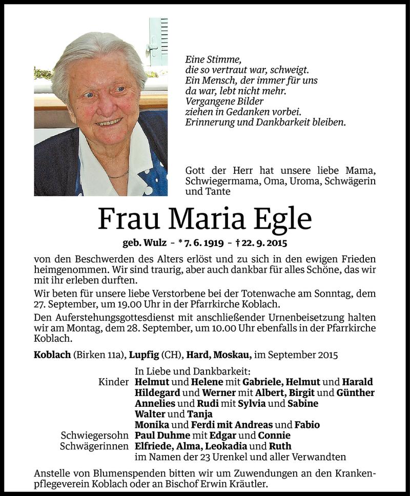  Todesanzeige für Maria Egle vom 25.09.2015 aus Vorarlberger Nachrichten