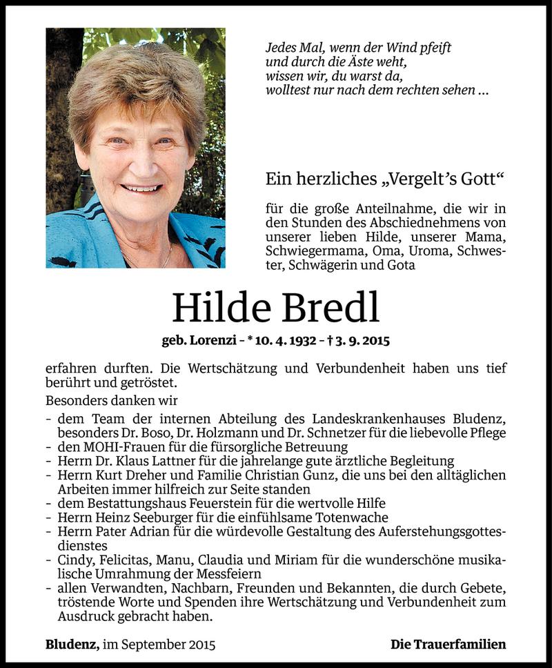 Todesanzeigen von Hilde Bredl Todesanzeigen Vorarlberger Nachrichten