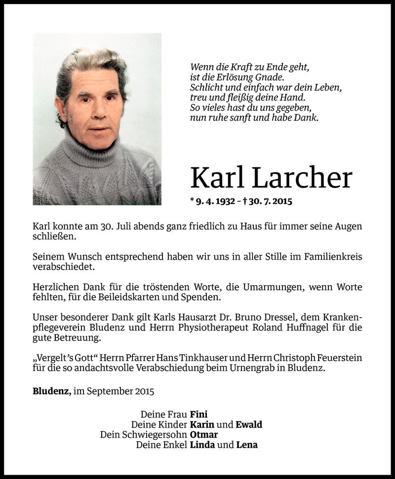  Todesanzeige für Karl Larcher vom 26.09.2015 aus Vorarlberger Nachrichten