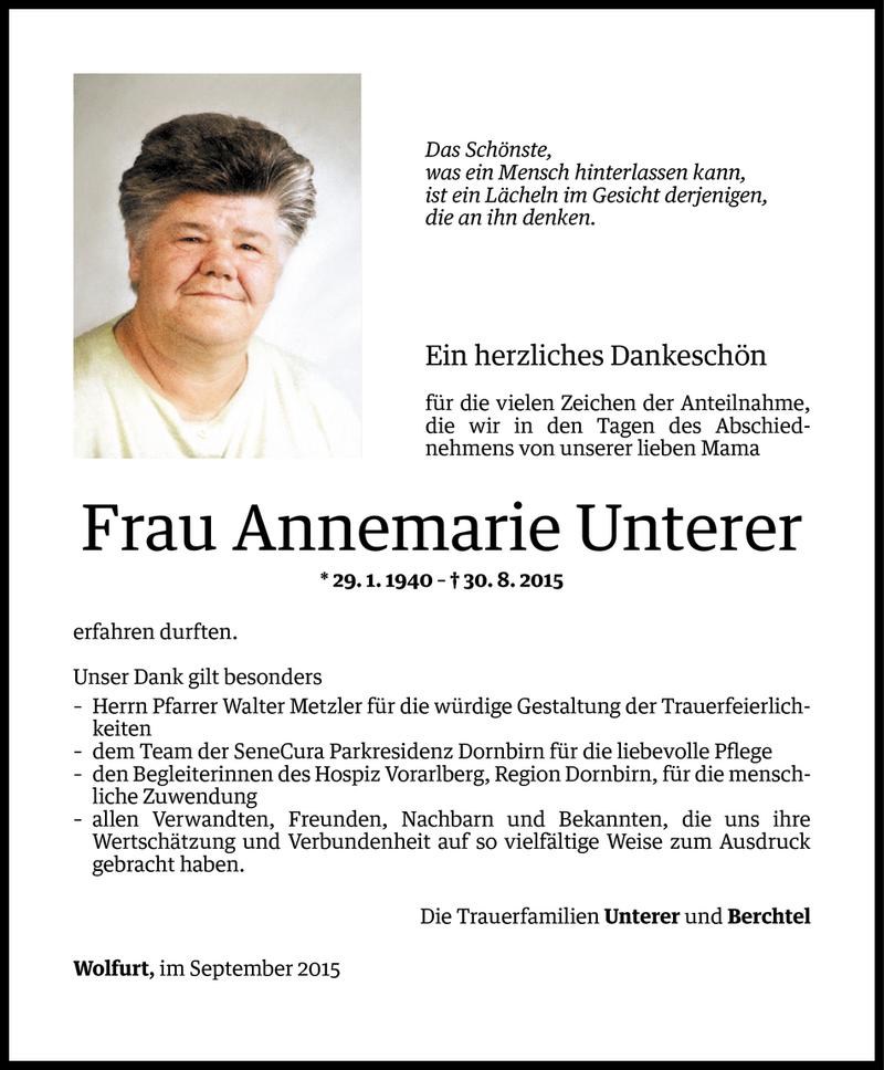  Todesanzeige für Annemarie Unterer vom 24.09.2015 aus Vorarlberger Nachrichten