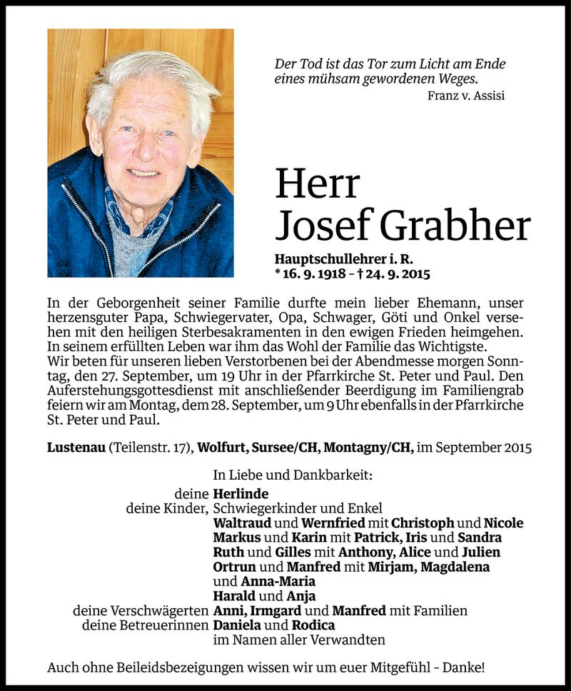  Todesanzeige für Josef Grabher vom 25.09.2015 aus Vorarlberger Nachrichten