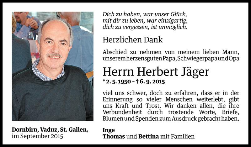  Todesanzeige für Herbert Jäger vom 25.09.2015 aus Vorarlberger Nachrichten