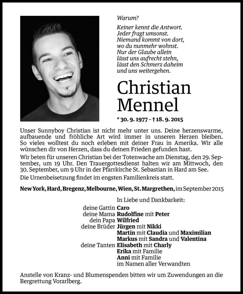  Todesanzeige für Christian Mennel­ vom 25.09.2015 aus Vorarlberger Nachrichten