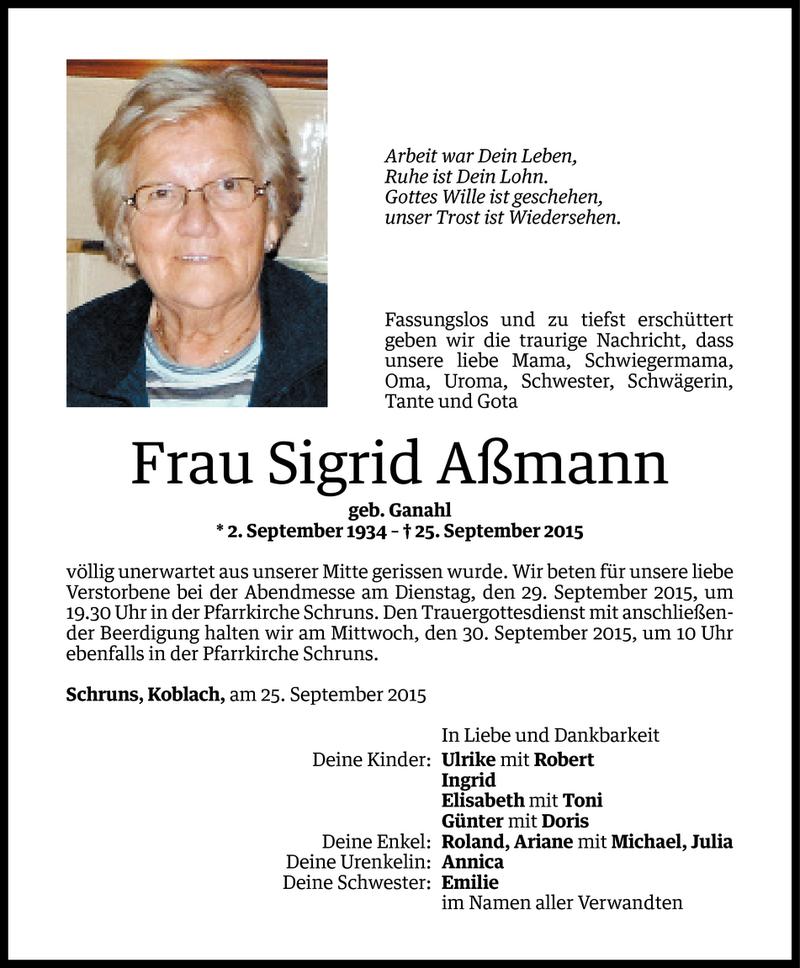  Todesanzeige für Sigrid Aßmann vom 25.09.2015 aus Vorarlberger Nachrichten