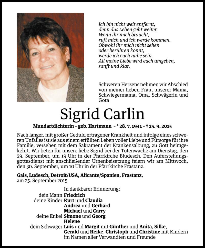  Todesanzeige für Sigrid Carlin vom 27.09.2015 aus Vorarlberger Nachrichten