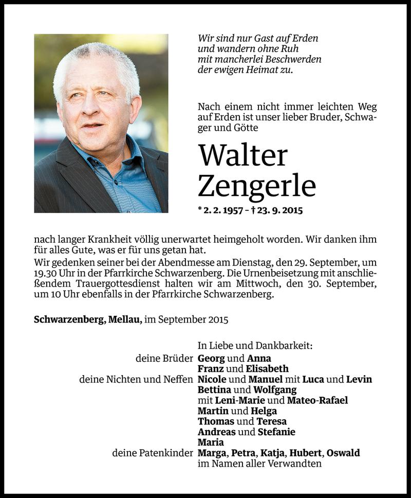  Todesanzeige für Walter Zengerle vom 27.09.2015 aus Vorarlberger Nachrichten