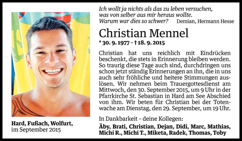  Todesanzeige für Christian Mennel­ vom 28.09.2015 aus Vorarlberger Nachrichten