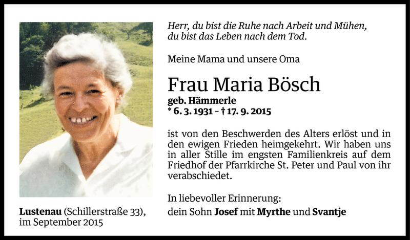  Todesanzeige für Maria Bösch vom 28.09.2015 aus Vorarlberger Nachrichten