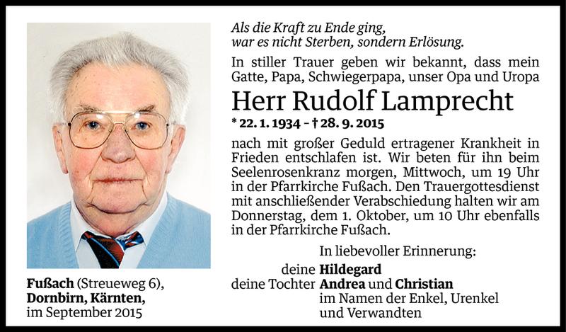  Todesanzeige für Rudolf Lamprecht vom 28.09.2015 aus Vorarlberger Nachrichten