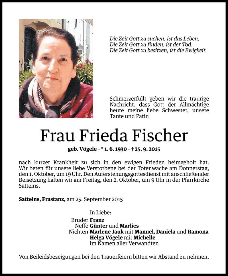  Todesanzeige für Frieda Fischer vom 29.09.2015 aus Vorarlberger Nachrichten