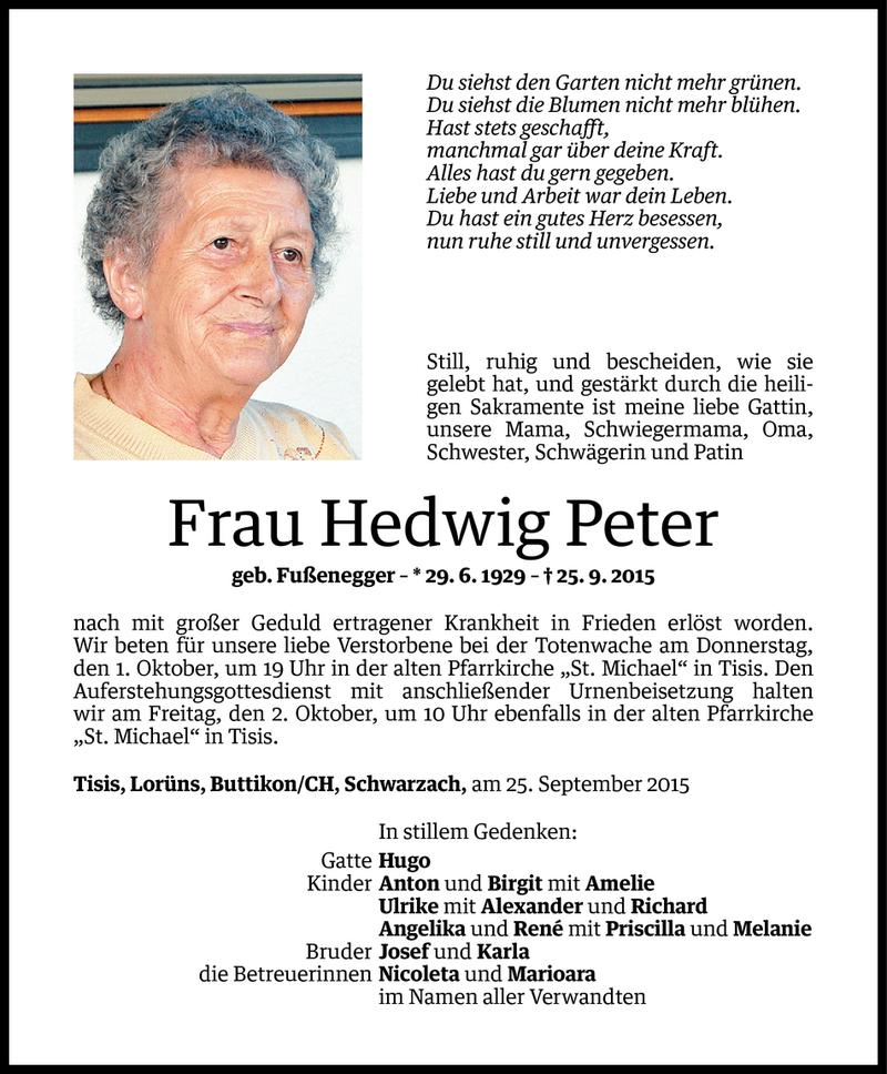  Todesanzeige für Hedwig Peter vom 29.09.2015 aus Vorarlberger Nachrichten