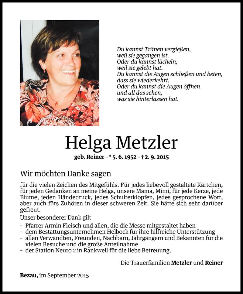  Todesanzeige für Helga Metzler vom 29.09.2015 aus Vorarlberger Nachrichten