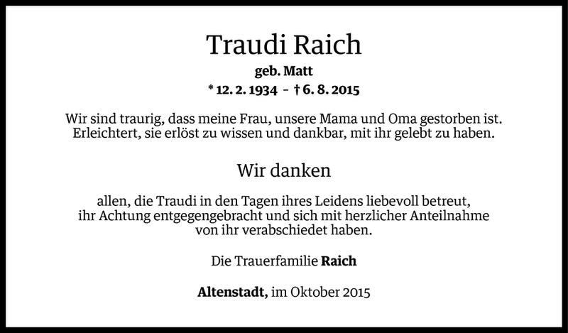  Todesanzeige für Traudi Raich vom 30.09.2015 aus Vorarlberger Nachrichten