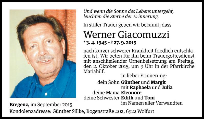  Todesanzeige für Werner Giacomuzzi vom 29.09.2015 aus Vorarlberger Nachrichten