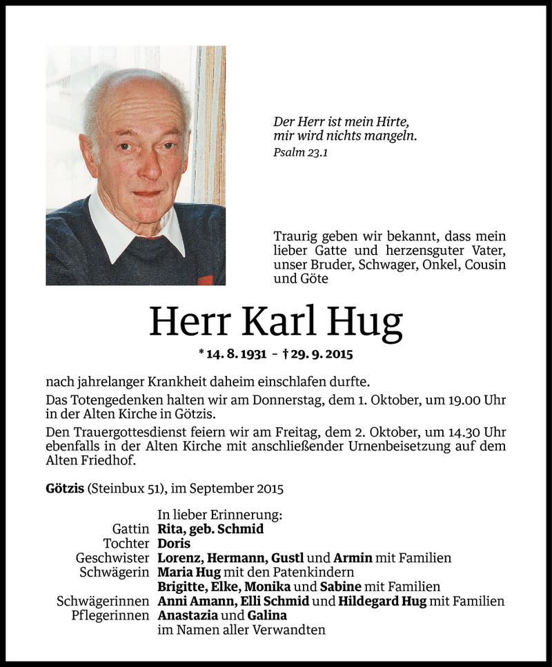  Todesanzeige für Karl Hug vom 30.09.2015 aus Vorarlberger Nachrichten