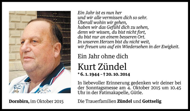 Todesanzeige für Kurt Zündel vom 01.10.2015 aus Vorarlberger Nachrichten