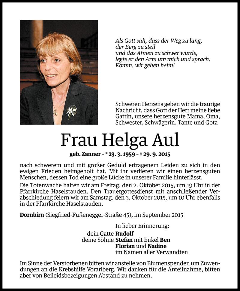  Todesanzeige für Helga Aul vom 30.09.2015 aus Vorarlberger Nachrichten