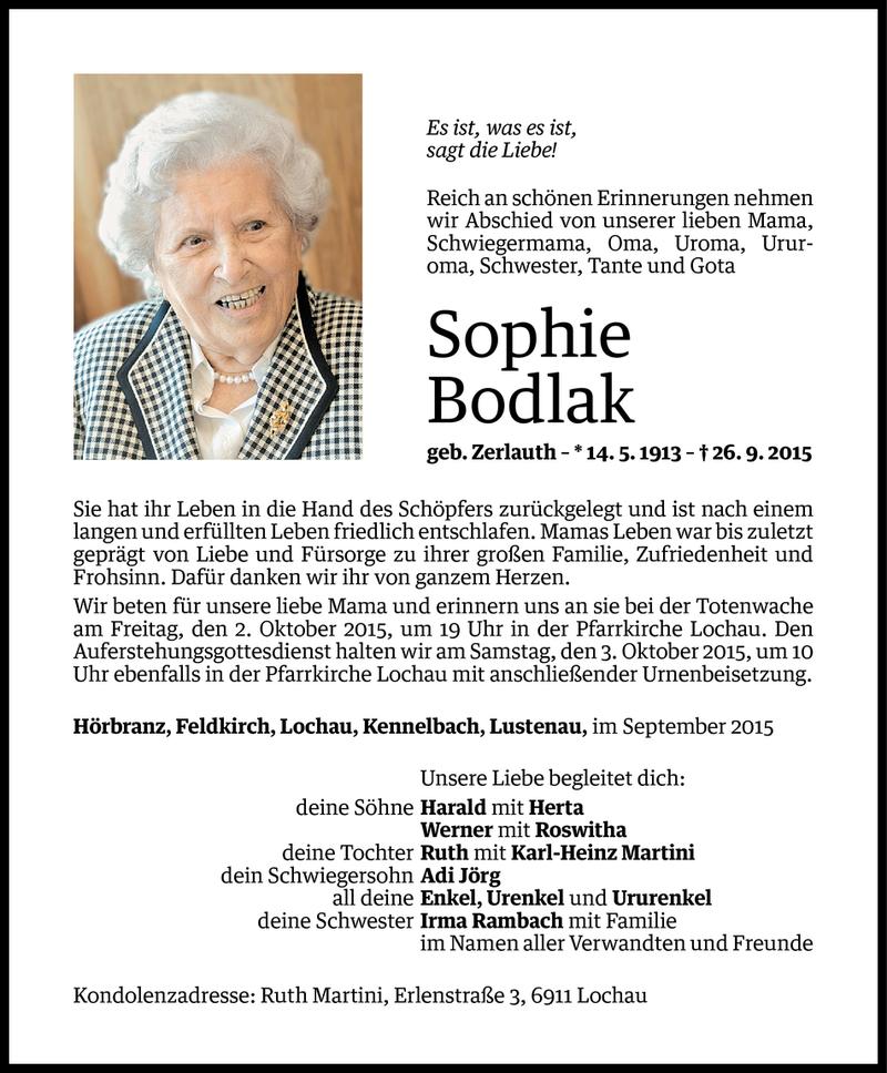  Todesanzeige für Sophie Bodlak vom 30.09.2015 aus Vorarlberger Nachrichten