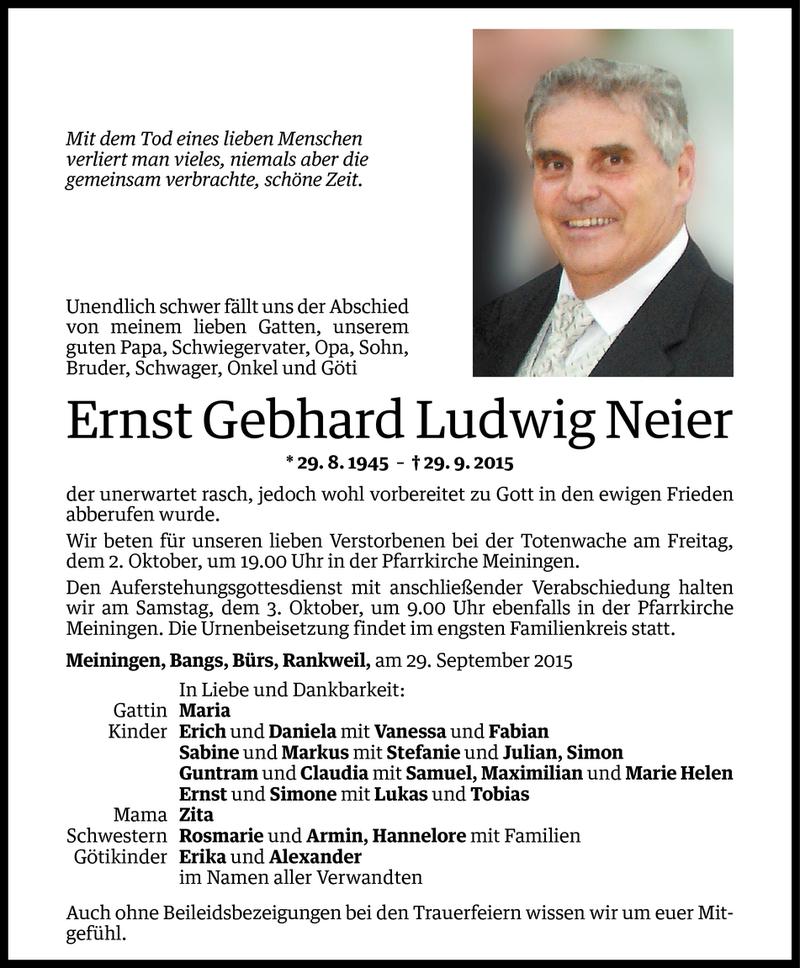  Todesanzeige für Ernst Gebhard Ludwig Neier vom 01.10.2015 aus Vorarlberger Nachrichten