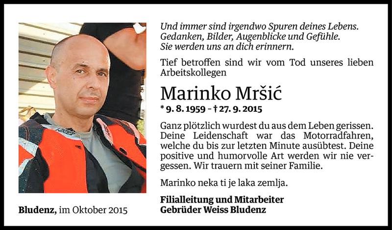  Todesanzeige für Marinko Mršic vom 30.09.2015 aus Vorarlberger Nachrichten