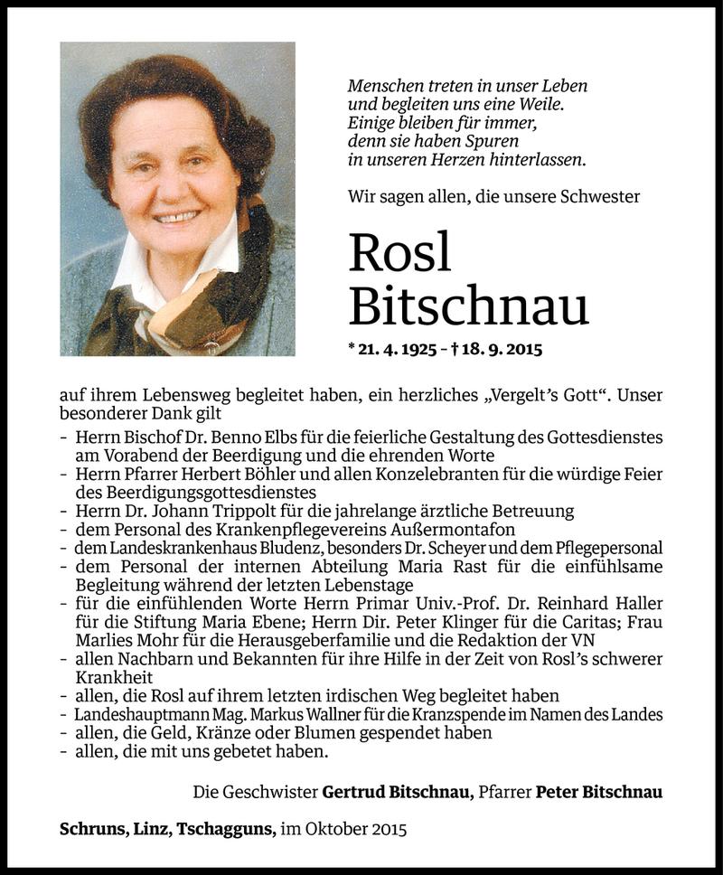  Todesanzeige für Rosl Bitschnau vom 01.10.2015 aus Vorarlberger Nachrichten