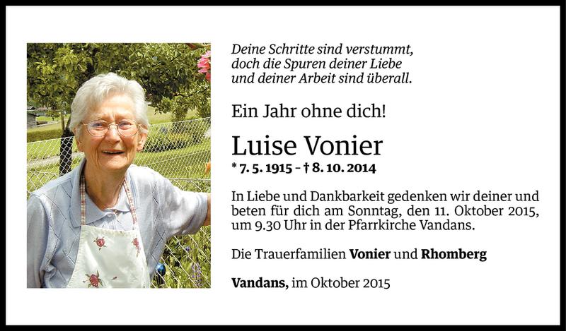  Todesanzeige für Luise Vonier vom 08.10.2015 aus Vorarlberger Nachrichten