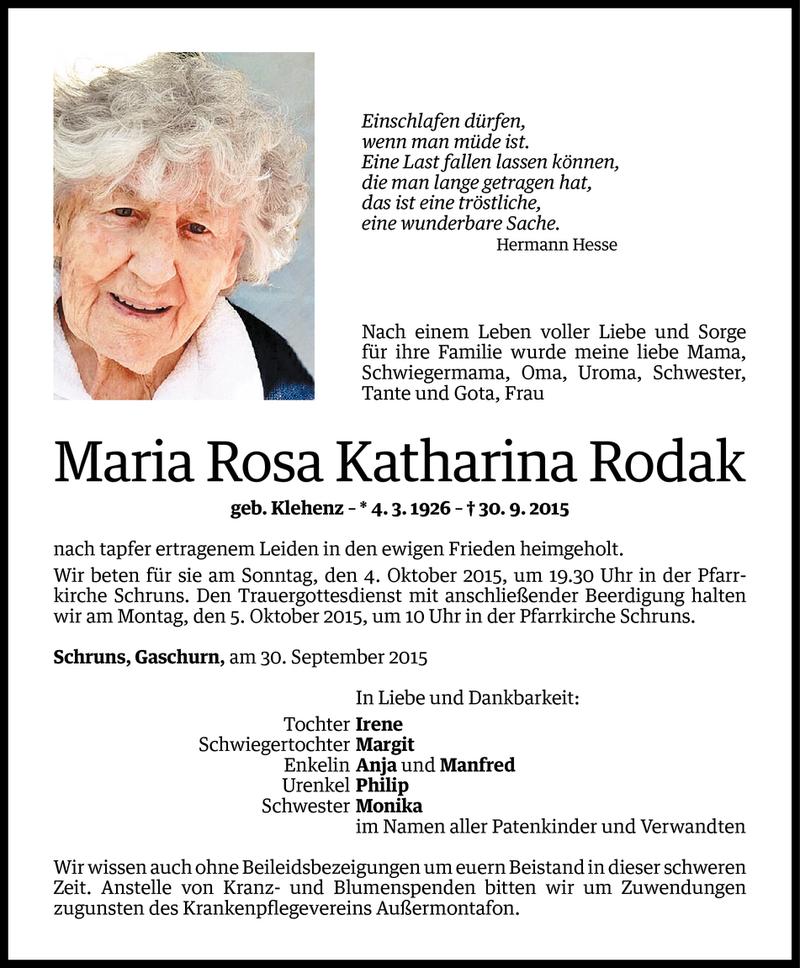  Todesanzeige für Maria Rodak vom 01.10.2015 aus Vorarlberger Nachrichten