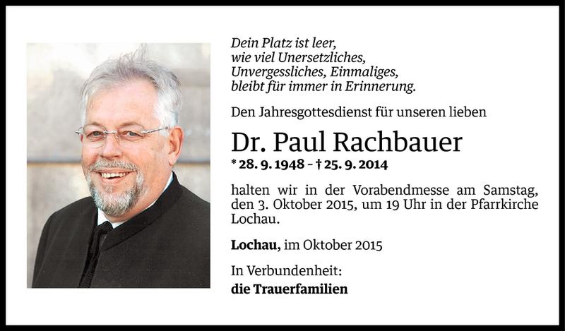  Todesanzeige für Paul Rachbauer vom 01.10.2015 aus Vorarlberger Nachrichten