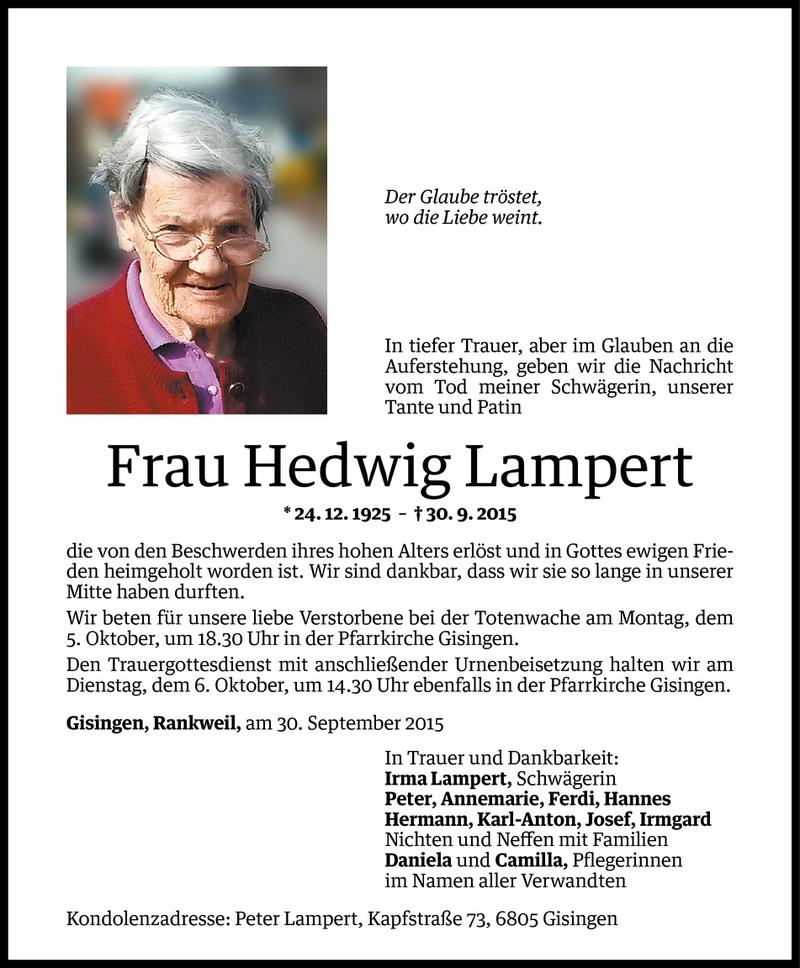  Todesanzeige für Hedwig Lampert vom 03.10.2015 aus Vorarlberger Nachrichten