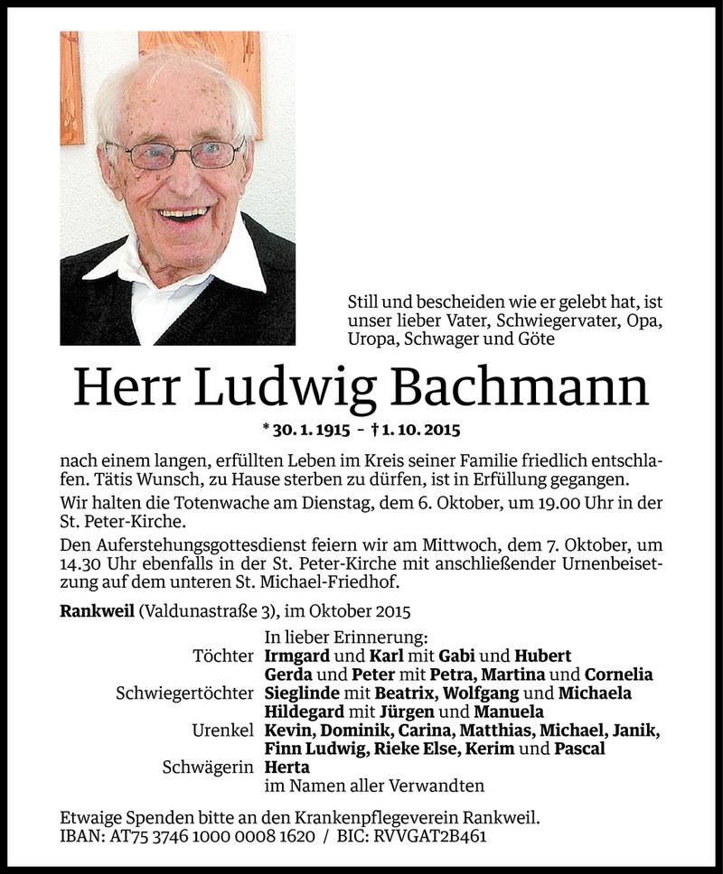  Todesanzeige für Ludwig Bachmann vom 03.10.2015 aus Vorarlberger Nachrichten