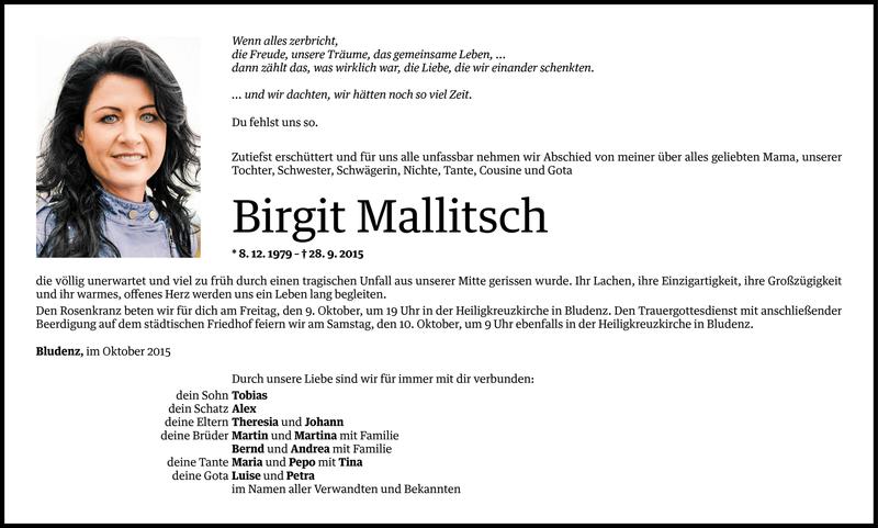  Todesanzeige für Birgit Mallitsch vom 03.10.2015 aus Vorarlberger Nachrichten