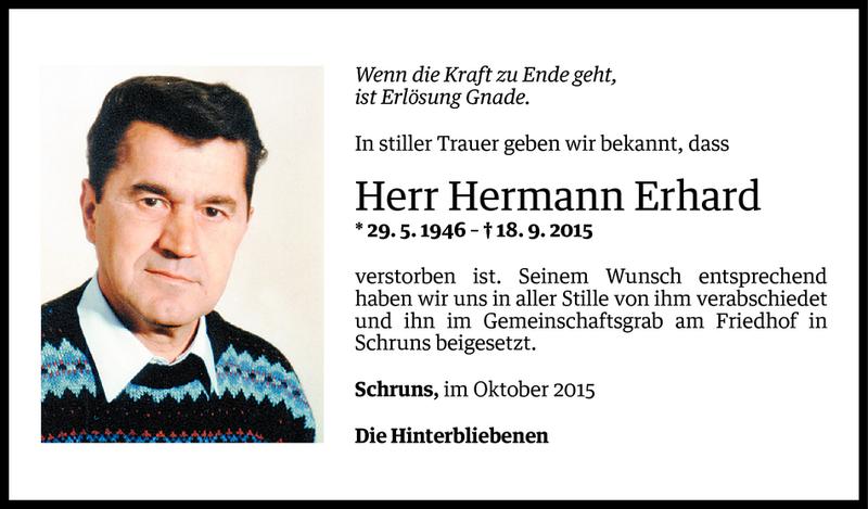  Todesanzeige für Hermann Erhard vom 02.10.2015 aus Vorarlberger Nachrichten