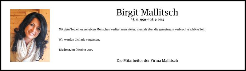  Todesanzeige für Birgit Mallitsch vom 03.10.2015 aus Vorarlberger Nachrichten