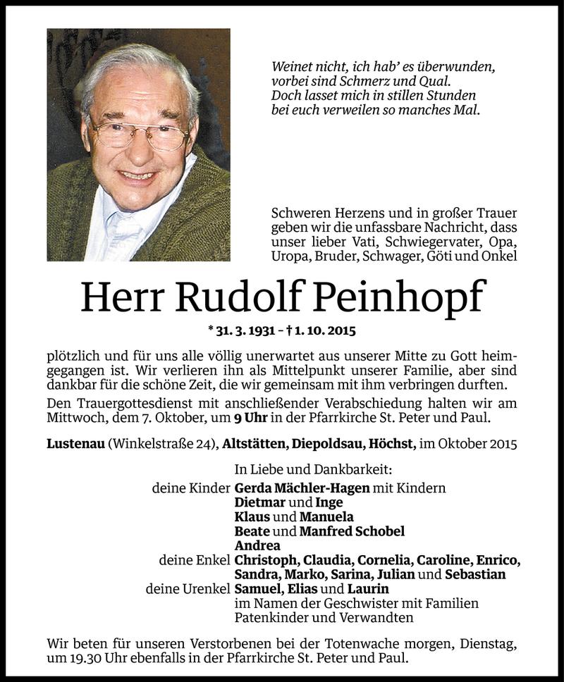  Todesanzeige für Rudolf Peinhopf vom 04.10.2015 aus Vorarlberger Nachrichten