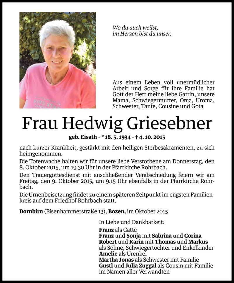  Todesanzeige für Hedwig Griesebner vom 05.10.2015 aus Vorarlberger Nachrichten