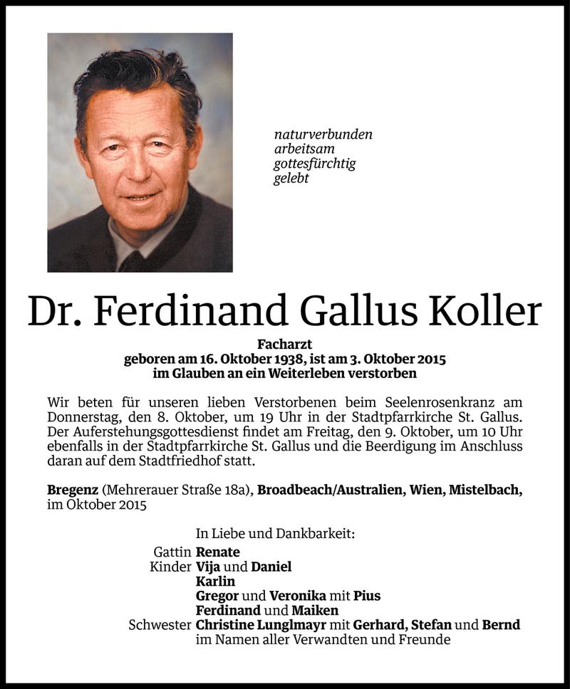  Todesanzeige für Ferdinand Gallus Koller vom 05.10.2015 aus Vorarlberger Nachrichten