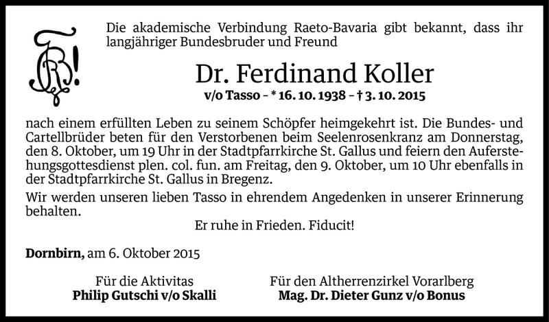  Todesanzeige für Ferdinand Gallus Koller vom 06.10.2015 aus Vorarlberger Nachrichten