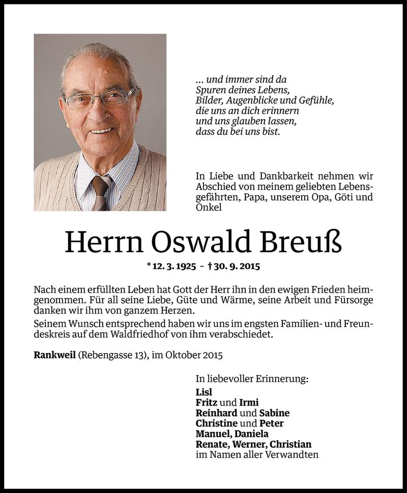  Todesanzeige für Oswald Breuß vom 07.10.2015 aus Vorarlberger Nachrichten