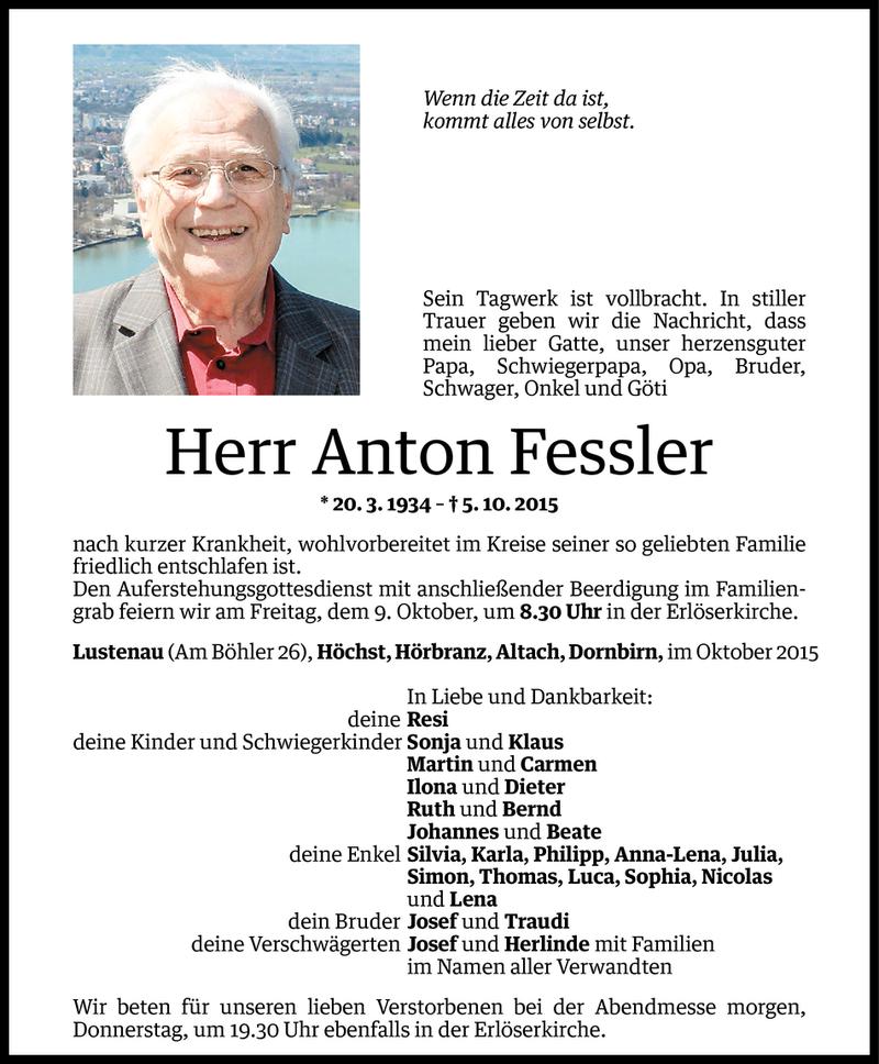  Todesanzeige für Anton Fessler vom 06.10.2015 aus Vorarlberger Nachrichten