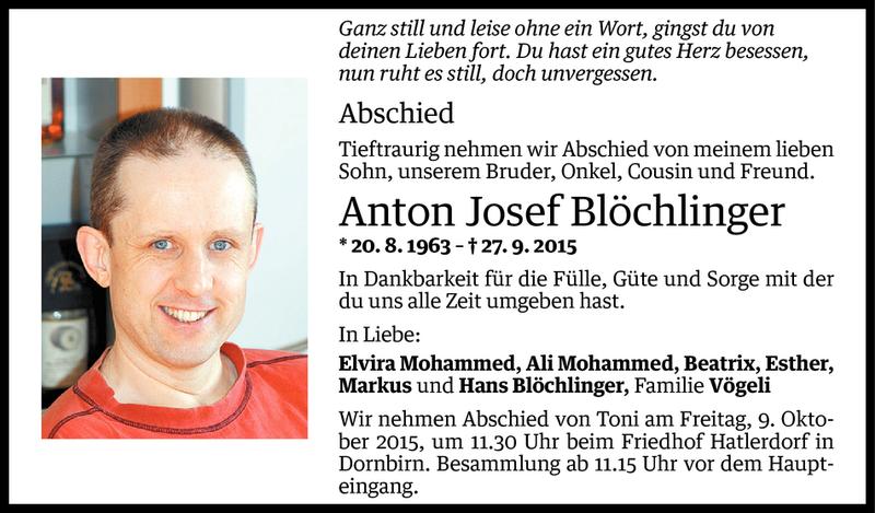  Todesanzeige für Anton Josef Blöchlinger vom 06.10.2015 aus Vorarlberger Nachrichten