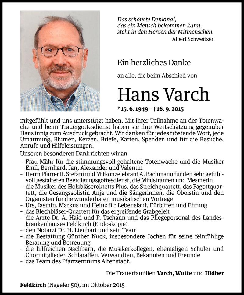  Todesanzeige für Hans Varch vom 16.10.2015 aus Vorarlberger Nachrichten