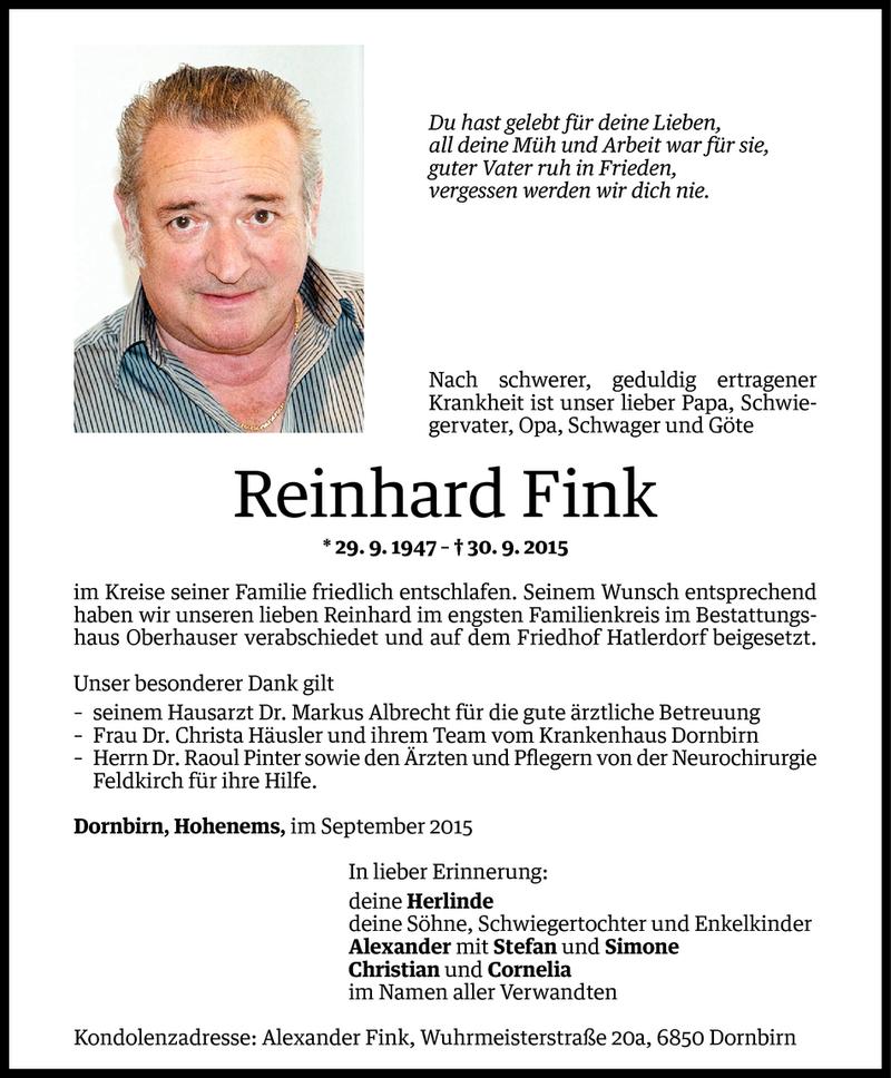  Todesanzeige für Reinhard Fink vom 08.10.2015 aus Vorarlberger Nachrichten