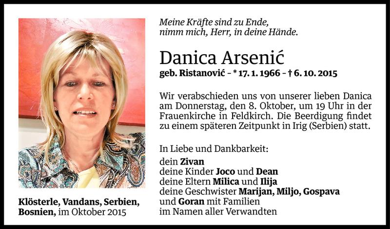  Todesanzeige für Danica Arsenic vom 08.10.2015 aus Vorarlberger Nachrichten