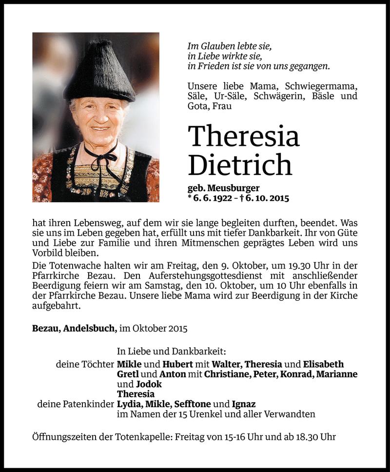  Todesanzeige für Theresia Dietrich vom 07.10.2015 aus Vorarlberger Nachrichten