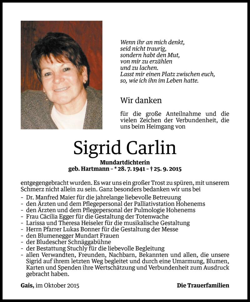  Todesanzeige für Sigrid Carlin vom 08.10.2015 aus Vorarlberger Nachrichten